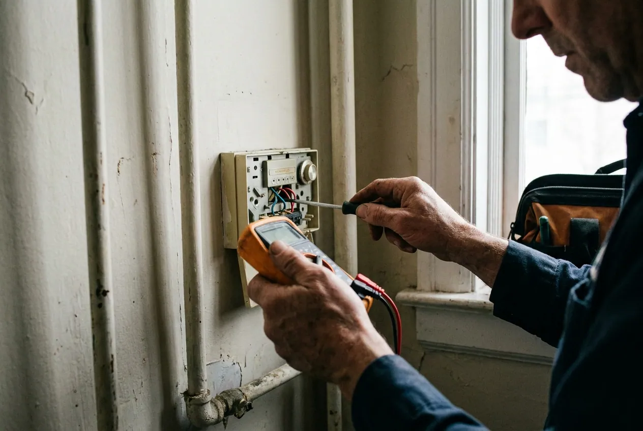 Plombier vérifiant le thermostat d'un chauffe-eau en panne à Chilly-Mazarin