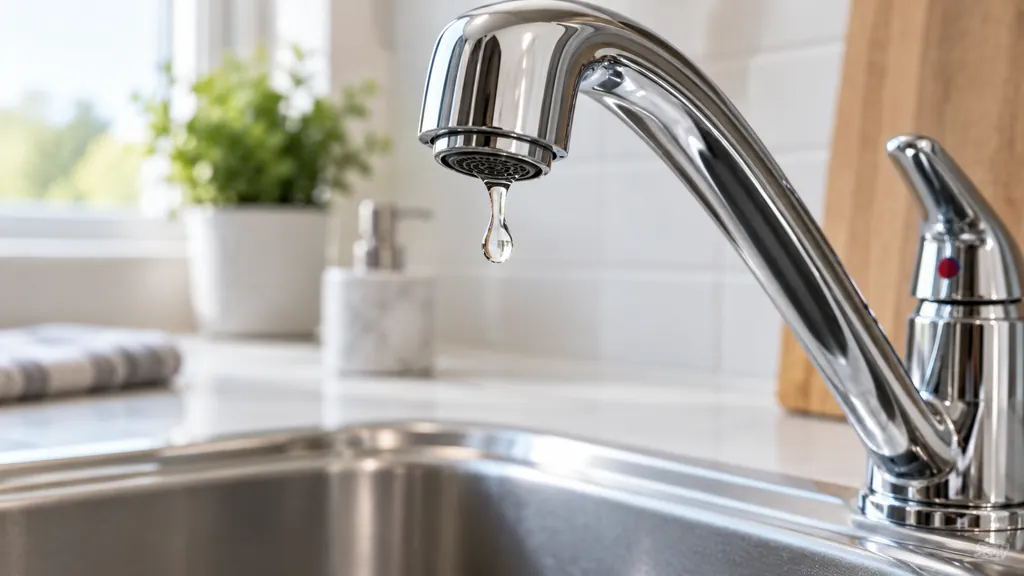 Robinet mitigeur de cuisine qui goutte au-dessus d'un évier en inox dans un logement de Chilly-Mazarin